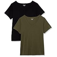 Amazon Essentials Women's Classic-Fit Short-Sleeve V-Neck T-Shirt, Pack of 2, Black/Olive, 6X