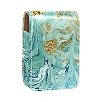 Blue and Golden Abstract Liquid Marble Lipstick Case Lipstick Box Holder with Mirror, Portable Travel Lip Gloss Pouch, Waterproof Leather Cosmetic Storage Kit for Purse