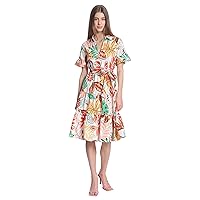 Donna Morgan Women's Leaf Printed Tiered Knee Length Dress with Collar and Waist Tie