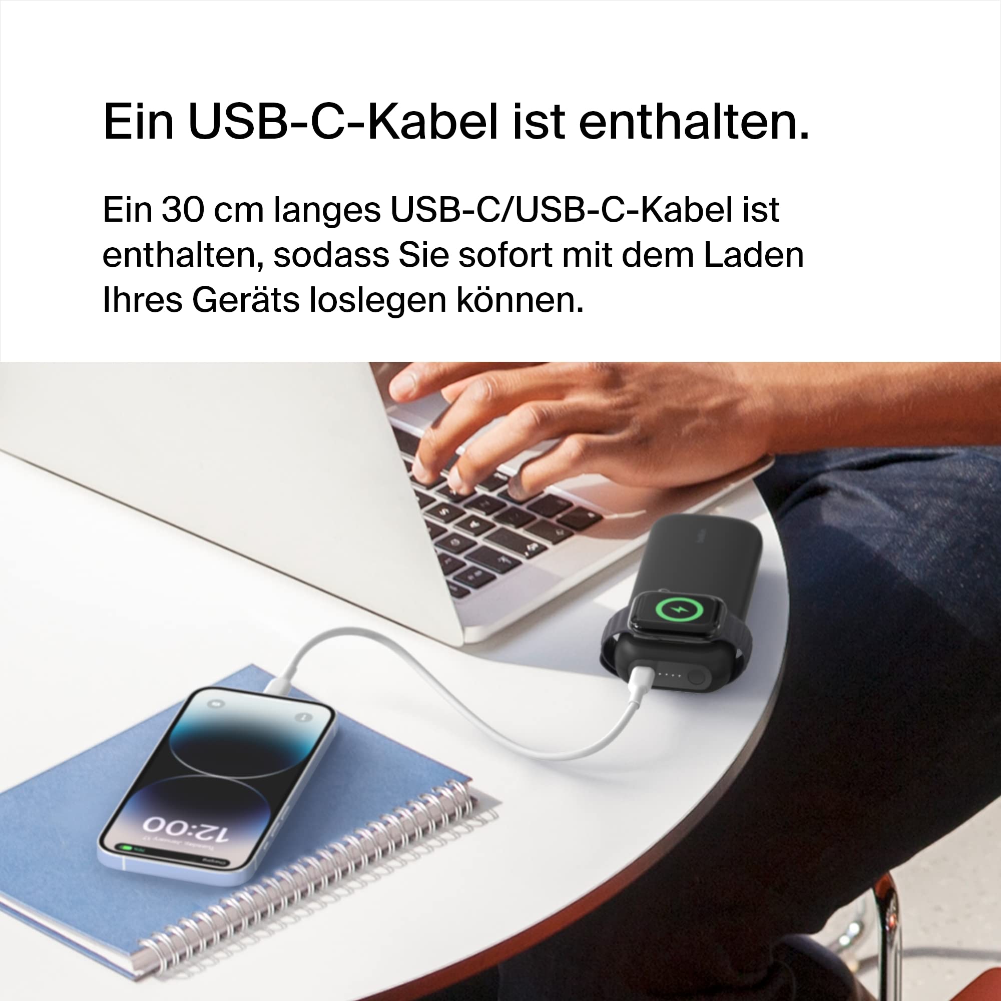 Belkin schnelles kabelloses Ladegerät Apple Watch Powerbank 10K mit 30-cm-USB-C/USB-C-Kabel, 33 % schnelleres Laden der Apple Watch Ultra 8/7 und des iPhone 14/13, 20 W USB-C Power Delivery – Schwarz