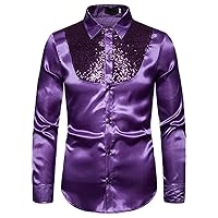 Purple Sequin Patchwork Silk Shirt Men Western Boy Style Satin Mens Dress Shirts Disco Dance Stage Costume for Man