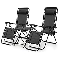 MoNiBloom Table and Patio Chairs Set of 3, Outdoor Adjustable Zero Gravity Folding Breathable Mesh Reclining Lounge Chairs with Pillow and Side Tray, 330lbs Capacity - Black