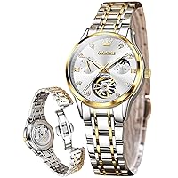 OLEVS Automatic Skeleton Watches for Women Luxury Diamond Self Winding Tourbillon Fashion Wrist Watch Stainless Steel Waterproof Luminous Moon Phase