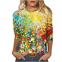 Flower Print Graphic T Shirts 3/4 Sleeve Tops for Women Fashion Crewneck Daily Shirt Loose Fit Plus Size Blouses