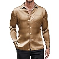 COOFANDY Men's Luxury Satin Dress Shirt Shiny Silk Long Sleeve Button Up Shirts Wedding Shirt Party Prom, gold