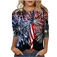 Overstock Deals 3/4 Length Sleeve T-Shirt Women Independence Day Patriotic Tee Shirt Athletic Workout Tops American Flag Casual Tshirts