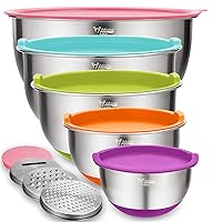 Wildone Mixing Bowls Set of 5, Stainless Steel Nesting Bowls with Colorful Lids, 3 Grater Attachments, Measurement Marks & Non-slip Bottoms, Size 5, 3, 2, 1.5, 0.63QT, Great for Mixing & Serving