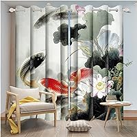 Red and White Carps Window Curtains for Bedroom Living Room Oriental Asian Chinese Traditional Ink Painting Blooming Waterlily Lotus Leaves Drapes Kitchen Curtains Decor,21x45 inch,2 Panels