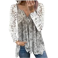 YZHM Womens Fashion Blouses Lace Long Sleeve Tops Floral Print V Neck Shirts Loose Fit Casual Tshirts Ladies Tunic Tops