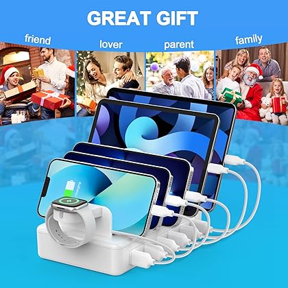 CREATIVE DESIGN Charging Station for Multiple Devices, 50W 6 Ports Charging Dock with 6 Cables Compatible with Cellphone,Tablet, Kindle, Apple Watch and Other Electronic