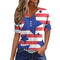 4Th of July Outfits for Women,Women's Casual Independence Day Print V-Neck Short Sleeve Decoration Button T-Shirt Top