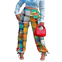 Women's Patchwork Cargo Pants High Waisted Straight Leg Casual Pants Trousers with Pockets