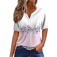 Casual V Neck Button Down Women Tops Short Sleeve T Shirt 2024 Trendy Going Out Printed Summer Blouse