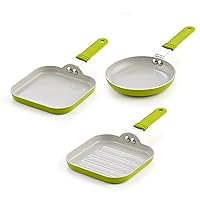 Cook N Home 3 Piece 5.5-Inch Nonstick Ceramic Mini Fry Pan, Griddle, and Grill Pan Set, Green (02583)