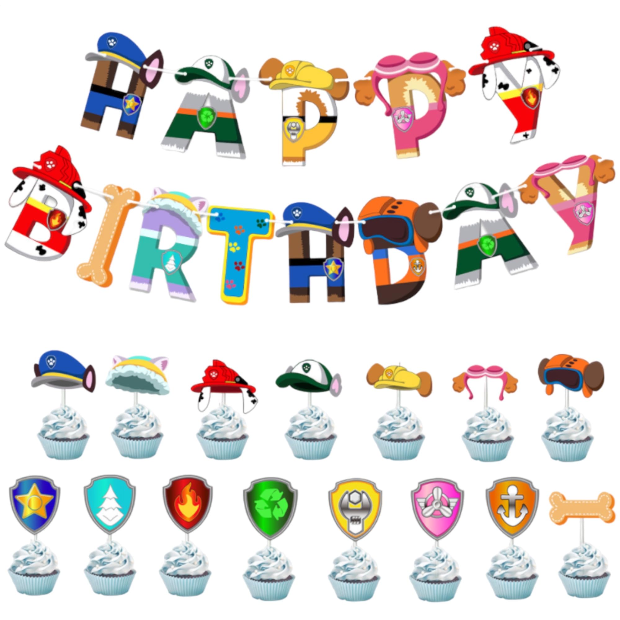 Paw Dog Patrol Birthday Decorations and Banner - Paw Dog Patrol Party Balloons - Character Cake Topper and Cupcake Picks - Kids Dog Theme Birthday Party by Jolly Jon