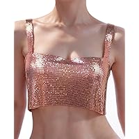 Women's Sparkly Rhinestone Top Sexy Metallic Sleeveless Trendy Spaghetti Strap Tube Vest Rave Party Clubwear