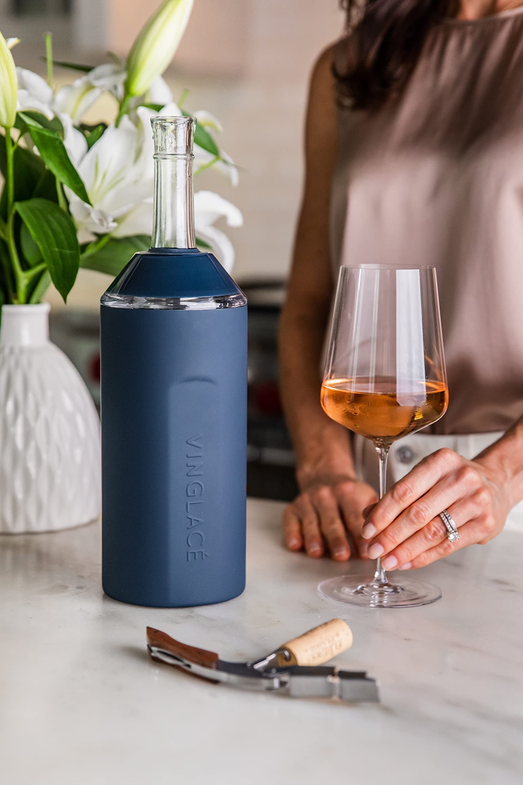 Vinglacé Wine Bottle Chiller- Portable Champagne Insulator- Stainless Steel Wine Cooler Sleeve, Navy