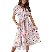 Women's Flowy V-Neck Glamorous Dress Casual Loose-Fitting Summer Swing Short Sleeve Long Floor Maxi Print Beach Pink