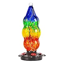 LUJII Peapod Shaped Hummingbird Feeder for Outdoors Hanging, Hand Blown Glass with Metal Base Cover, No Leak, 25 fl.oz, Unique Art Glass for Backyard & Patio Decor, Gift for Bird Lover, Rainbow