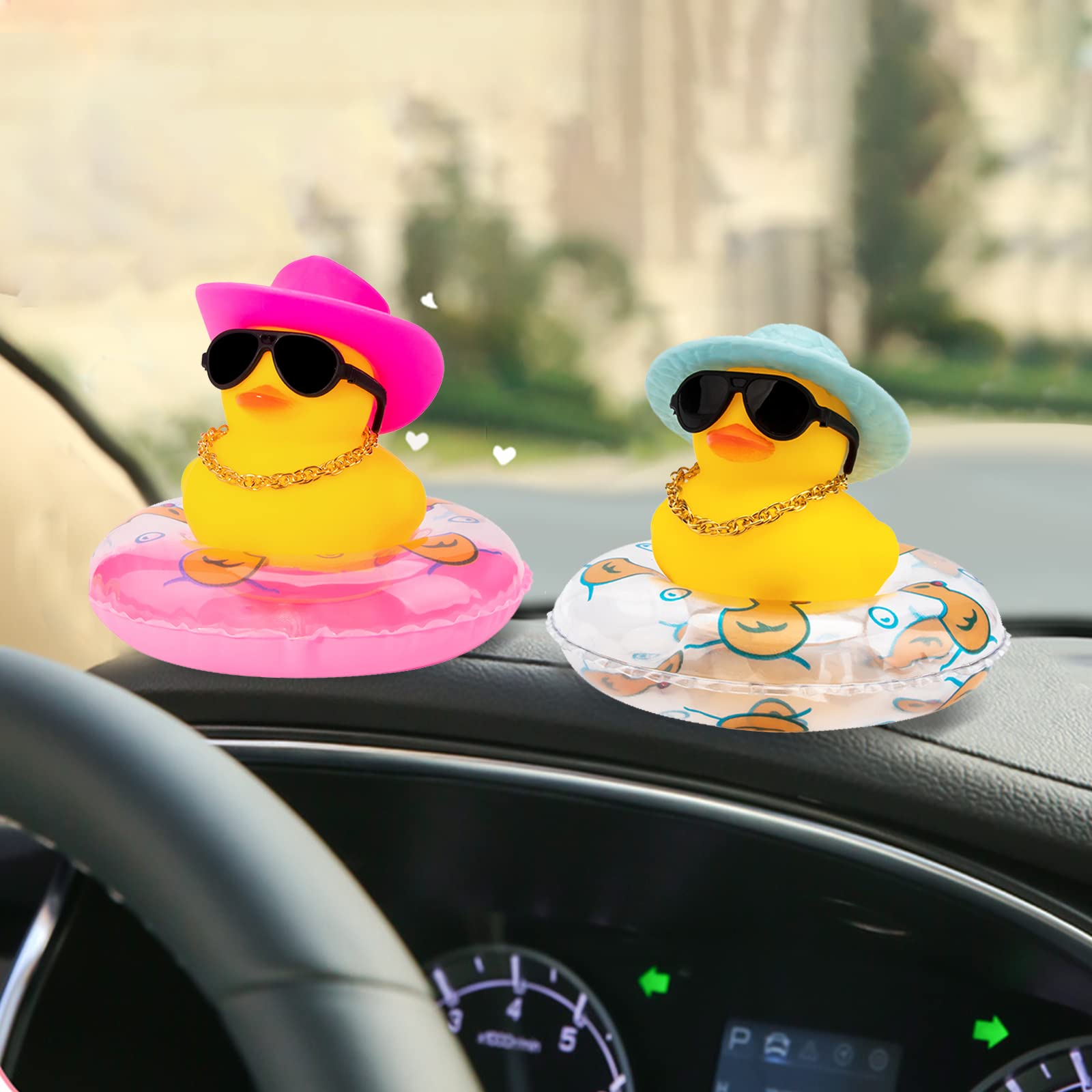 wonuu Swim Ring Rubber Ducks with Cowboy Hat/Crown Sunglasses Necklace for Cars Dashboard Decorations Car Accessories Duck Car Ornament, Pink+Queen