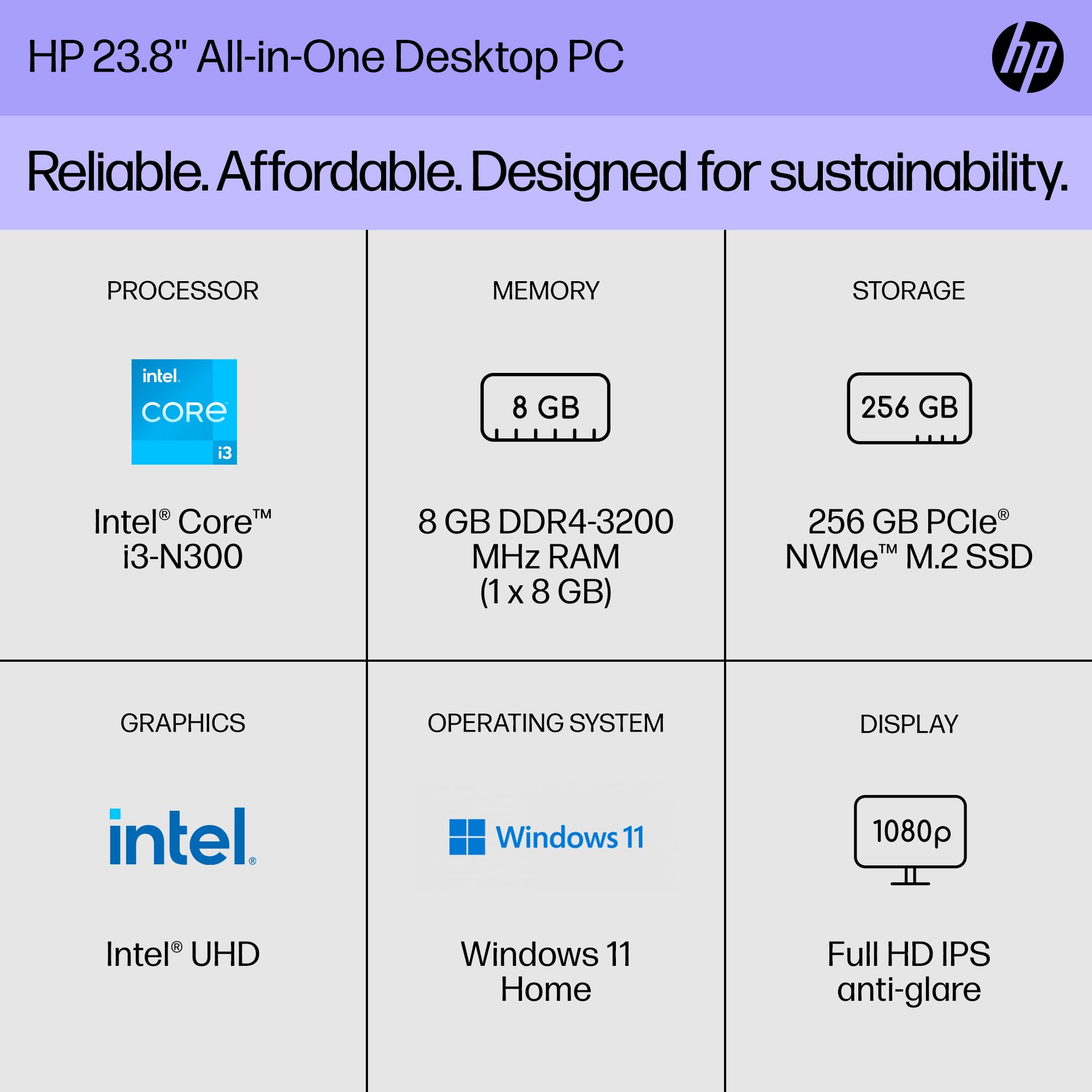 HP 23.8 inch All-in-One Desktop PC, FHD Display, Intel Core i3-N300, 8 GB RAM, 256 GB SSD, Intel UHD Graphics, Windows 11 Home, 24-cr0030 (2023), Shell White