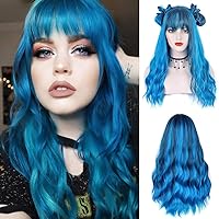 ENTRANCED STYLES Blue Wig with Bangs Long Wavy Blue Wig with Air Bangs Synthetic Wigs for Women Curly Wigs for Daily Party Cosplay (24 inch)