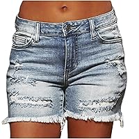 ZunFeo Women's Summer Jean Shorts Mid Rise Button Down Distressed Shorts Casual Stretchy Shorts Frayed Raw Hem