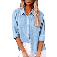 Tshirts Shirts for Women,Linen Tops for Women Long Sleeve Collared Button Up Shirts 2024 Fashion Loose Fit V Neck Blouse with Pocket Lady Short Sleeve Shirt