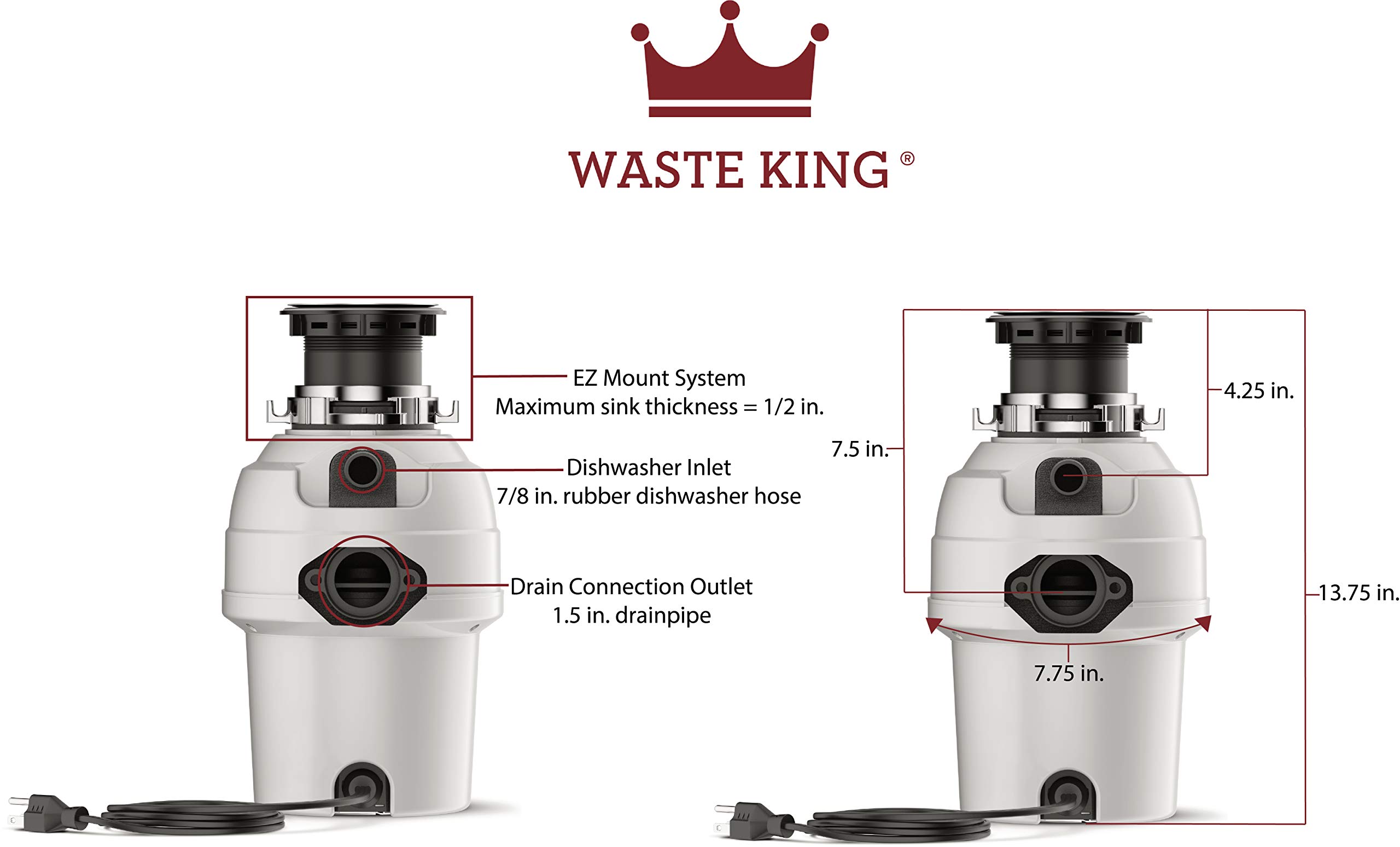 Waste King 3/4 HP Garbage Disposal with Power Cord, Food Waste Disposer for Kitchen Sink, L-3200