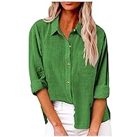 Going Out Tops for Women,Linen Button Down Shirt Women Collared V Neck Solid Color Long Sleeve Blouse Summer Solid Color Tops with Pocket Short Sleeve Sweatshirts