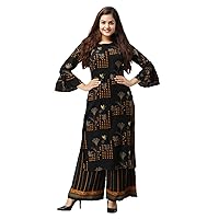 Women's Black Rayon Straight Kurta with Palazzo Dress Casual Formal Ethnic (XXL)