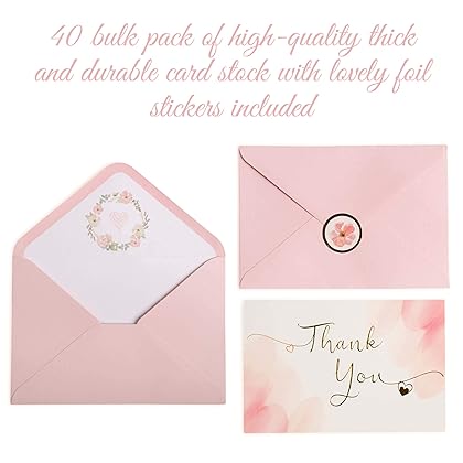 VNS Creations 40 Blush Thank You Cards | Watercolor Pink and Gold Foil Thank You Notes Perfect for Girl’s Baby Shower, Wedding & Bridal Showers | Blush Envelopes & Floral Foil Stickers Included.