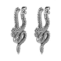 PunkTracker Mens Surgical Stainless Steel Snake Earrings Gothic Punk Black Dangle Stud Earrings Hoop Earrings for Women Men