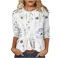 3/4 Sleeve Tops for Women, Women's Summer Crewneck T Shirts Casual Loose Tunic Ethnic Floral Cute Tees Dressy Blouses Womens Blouses Dressy Casual Blusa Negra Mujer