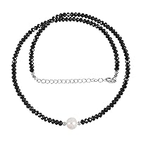 Pearl Necklace Genuine Black Spinel Beads Necklace With 925 Sterling Silver Lock Chain Black Spinel Bead Jewelry Beaded Black Spinel Pearl Necklace Gift for her (45CM)
