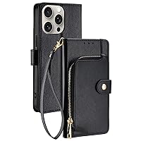 Case for iPhone 15/15Pro/15ProMax/15Plus with Wrist Strap Card Holder Kickstand Zipper Wallet Case Magnetic Flip Leather Phone Cover (Black,for15ProMax)