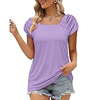 Womens Summer Tops Casual Short Sleeve Square Neck Ruffle Sleeve T-Shirts for Women