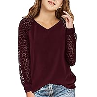 Girls Long Sleeve Shirts Lace V-Neck Knitted Pullover Casual Blouses Tops 5-14 Years