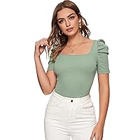 Women's Tops Sexy Tops for Women Shirts Solid Square Neck Puff Sleeve Top (Color : Mint Green, Size : Small)