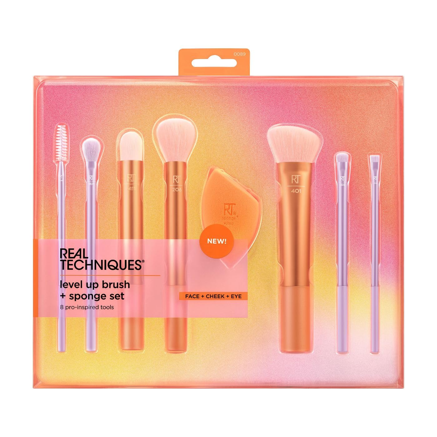 Real Techniques Level Up Brush And Sponge Kit, Makeup Brushes For Eyeshadow, Foundation, Blush, & Bronzer, Makeup Blending Sponge, Professional Quality Makeup Tools, Synthetic Bristles, 8 Piece Set