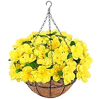Artificial Hanging Flowers with Basket, Silk Fake Azalea Flowers in Coconut Lining Hanging Baskets, Fake Hanging Plants for Indoor Outdoor Yard Garden Patio Home Room Porch Decorations (Yellow)