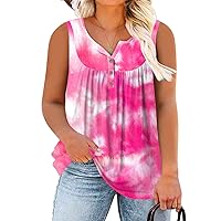 ROSRISS Plus Size Tank Tops for Women Summer V-neck Sleeveless Henley Shirts Buttons Up Loose Fit Pleated Flowy Tunics