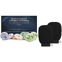 VALITIC 8 Pack Aromatherapy Shower Steamers for Stress Relief Infused with Natural Essential Oils & 1 Pair (Black) Korean Style Exfoliating Gloves for Body Scrub