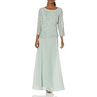 J Kara Women's Plus Size Scoop Neck Line with 3/4 Sleeve Beaded Top Long Dress