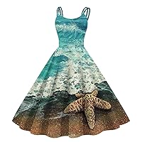 Jean Dresses,Vintage Cocktail Dresses for Women Comfortable Sleeveless Knee Length Retro A Line Flared Swing Fo