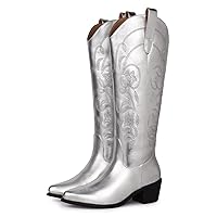 SHIBEVER Cowboy Cowgirl Boots for Women: Women's Knee-High Boots Wide Calf Tall Chunky Heel Embroidered Western Botas