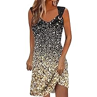 Dresses for Summer Vacation Dresses for Women 2024 Summer Sparkly Patchwork Fashion with Sleeveless Round Neck Tunic Dresses Gold XX-Large
