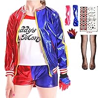 Girls Cosplay Costume Kids Halloween Costume Outfit Set with T-Shirt Jacket Shorts Gloves Wig Stocking Sticker