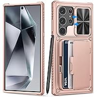 for Samsung Galaxy S24 Ultra Case with Card Holder (Store 4-5 Cards) & Slide Lens Cover & Stand, Military Grade Drop Protection, Shockproof Wallet Phone Case for Galaxy S24 Ultra 2024, Rose Gold