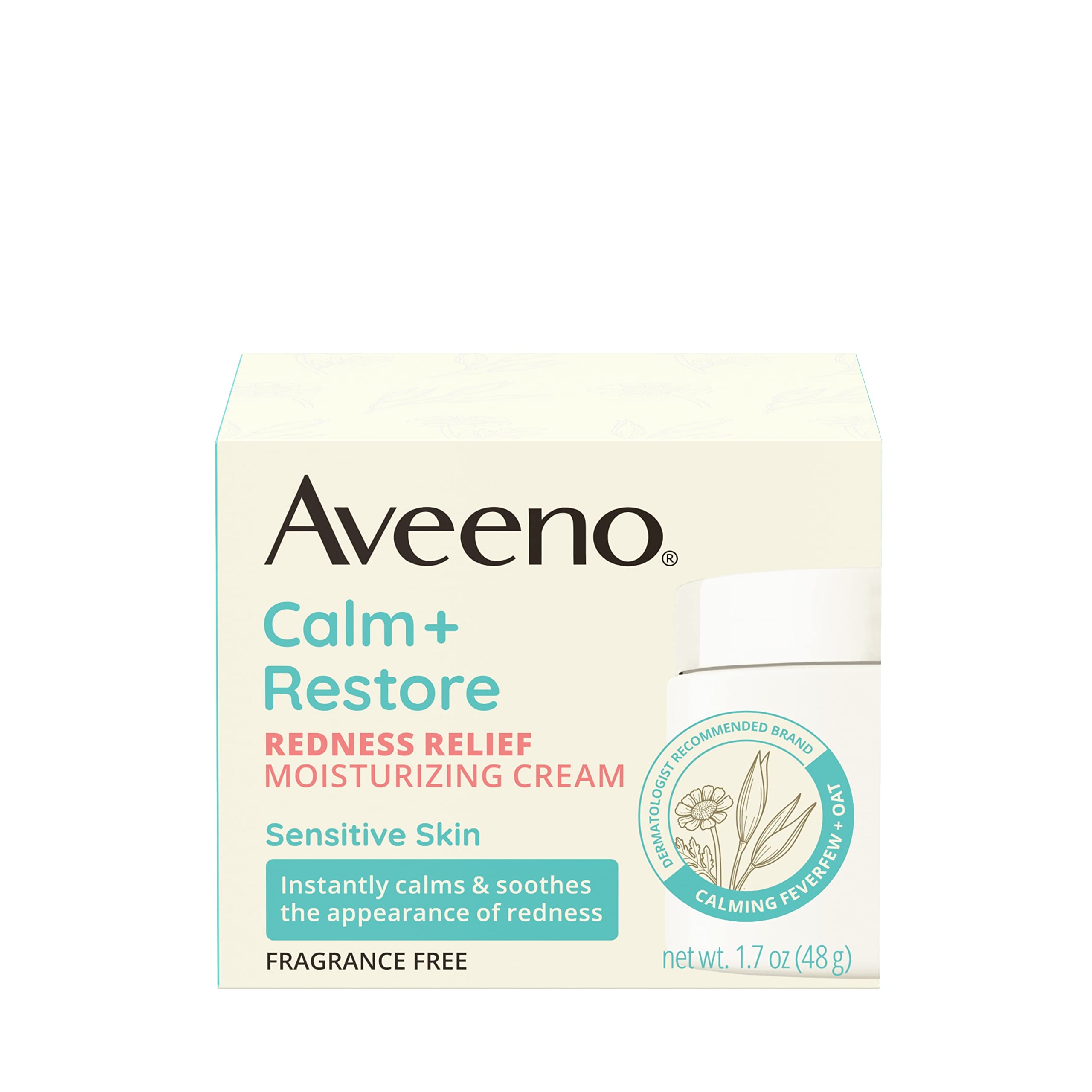 Aveeno Calm + Restore Redness Relief Moisturizing Cream, Daily Facial Cream for Sensitive Skin Instantly Calms & Soothes the Appearance of Redness, Fragrance-Free & Hypoallergenic, 1.7 oz